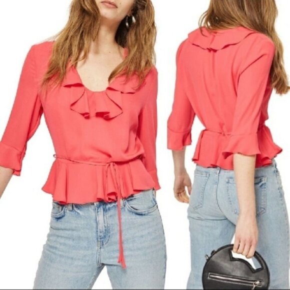 TopShop Pheobe Frilly Ruffle Blouse Top Pink Rose - Picture 1 of 5